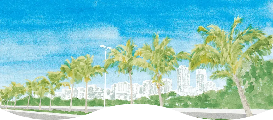 青空とヤシの木が並ぶ新浦安の街並みのイラスト