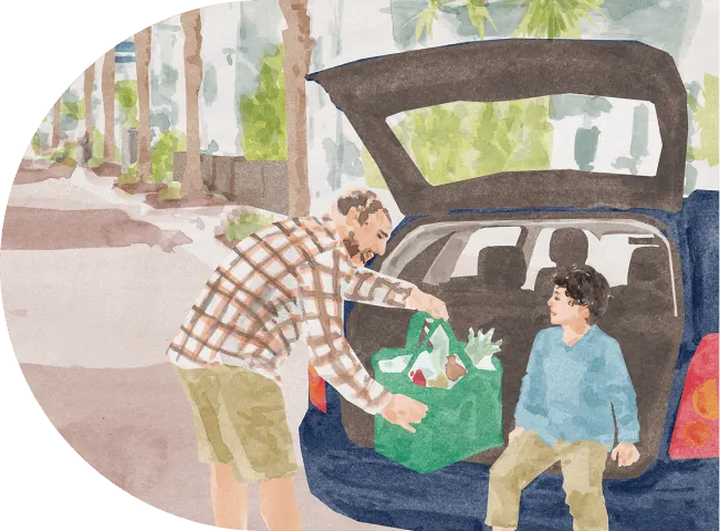車のトランクに買い物した食材を積み込む親子のイラスト
