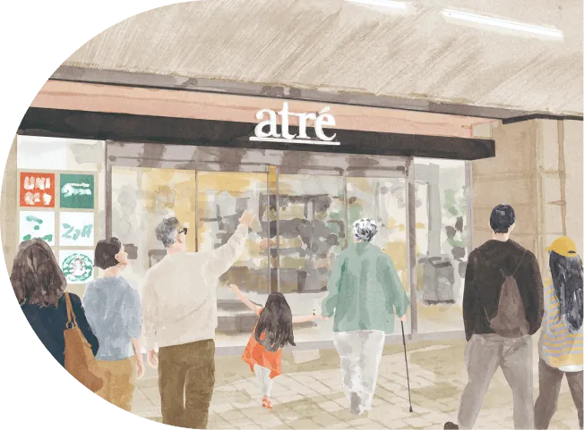 アトレ新浦安の店舗前を行き交う人々のイラスト