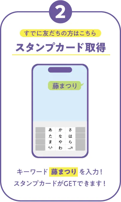 2）すでに友だちの方はキーワード「藤まつり」を入力してスタンプカードを取得