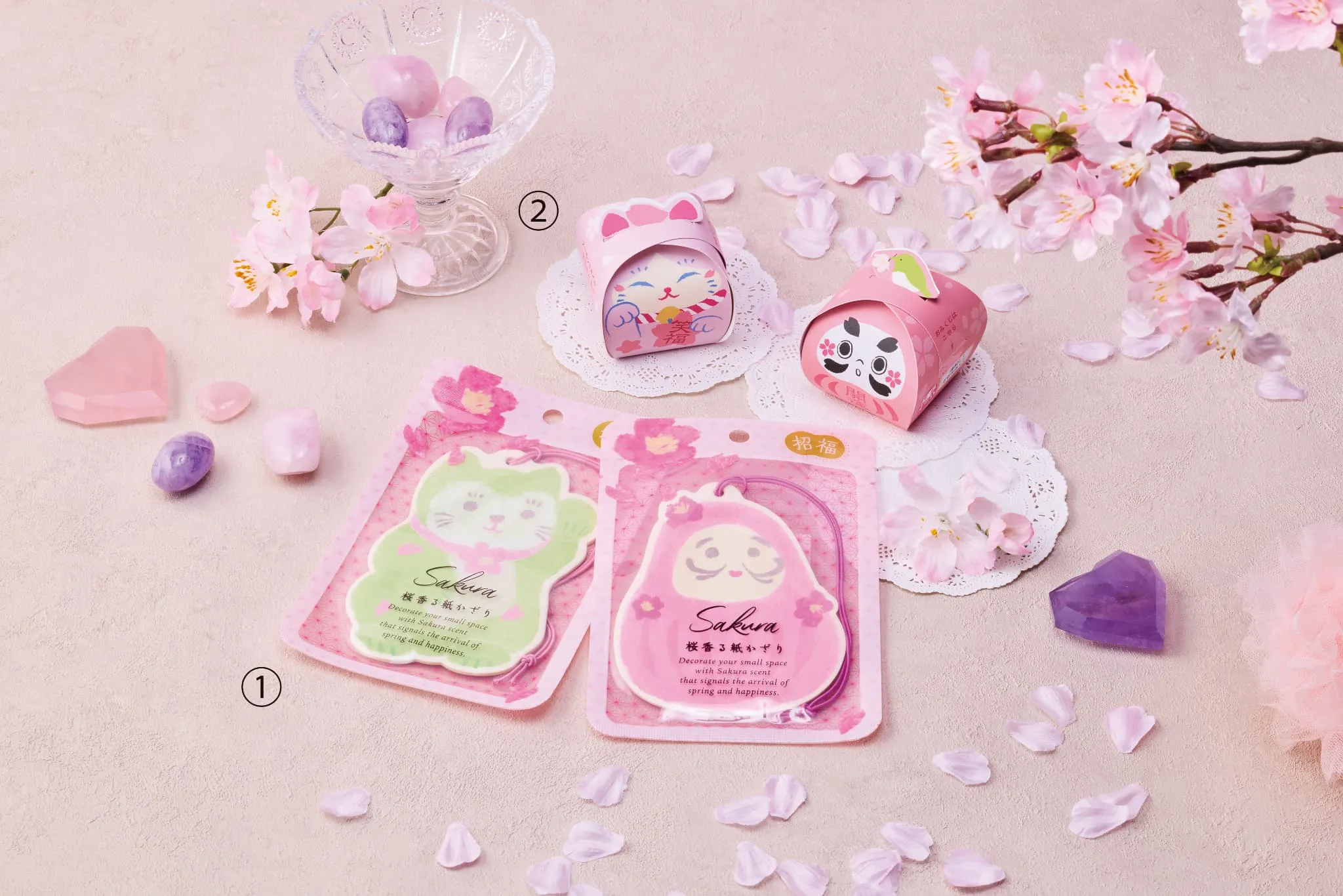 ①桜香る紙かざり②開運祈願バスボール