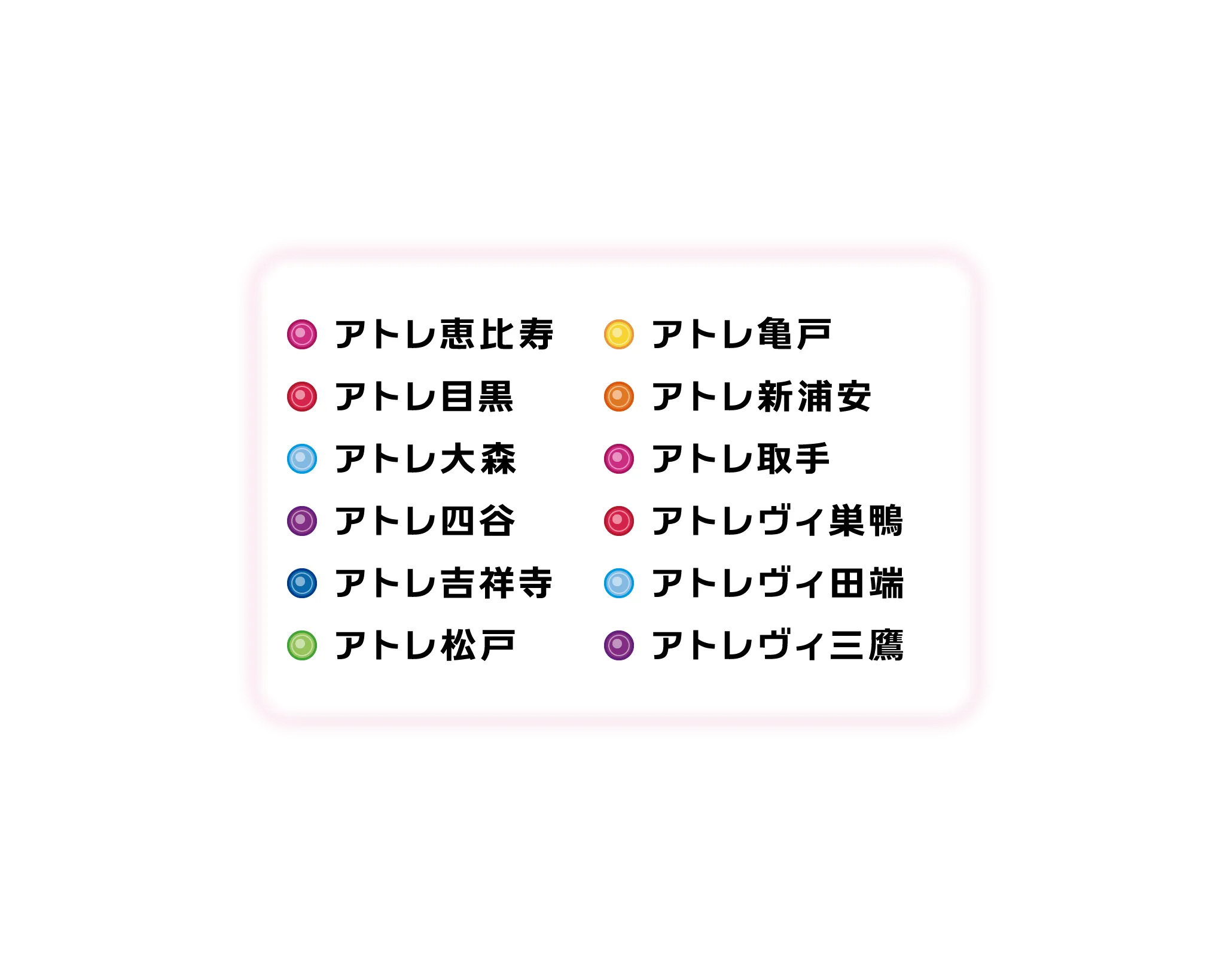 アトレ恵比寿・アトレ目黒・アトレ大森・アトレ四谷・アトレ吉祥寺・アトレ松戸・アトレ亀戸・アトレ新浦安・アトレ取手・アトレヴィ巣鴨・アトレヴィ田端・アトレヴィ三鷹