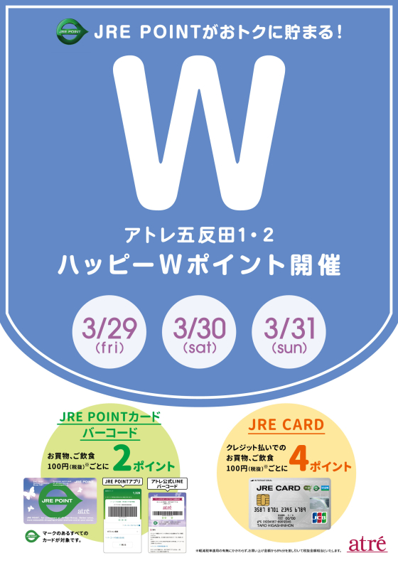 アトレ五反田　3月29日(金)～3月31日(日) ハッピーWポイント開催