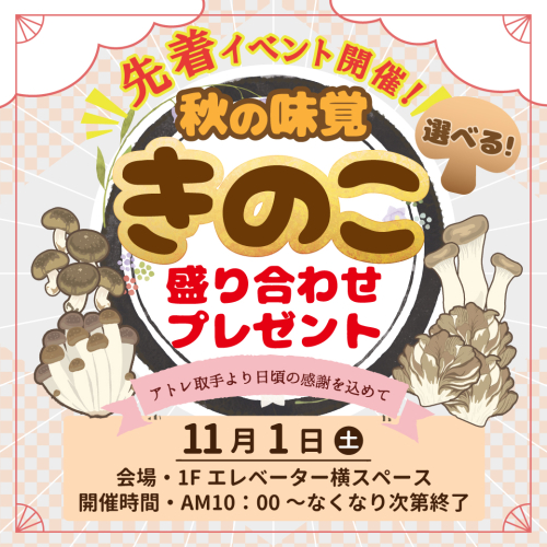 11/1(土)『秋の味覚！選べる♪きのこ盛り合わせ先着プレゼント』🍄