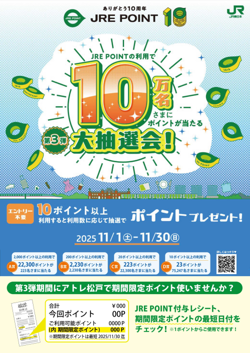 JRE POINTの利用で10万名さまにポイントが当たる！