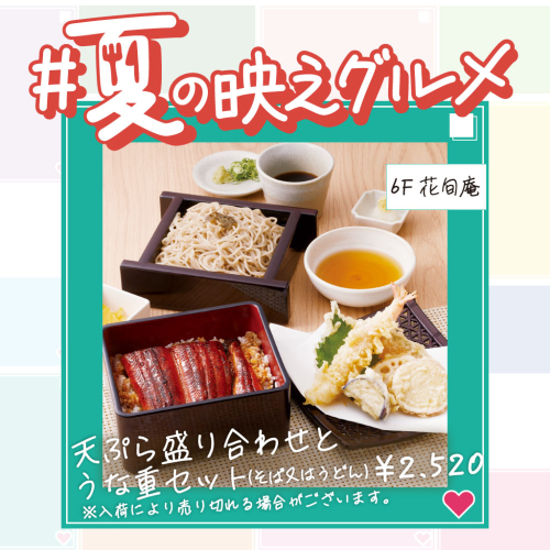 【夏の映えグルメ】天ぷら盛り合わせとうな重セット（そば又はうどん）