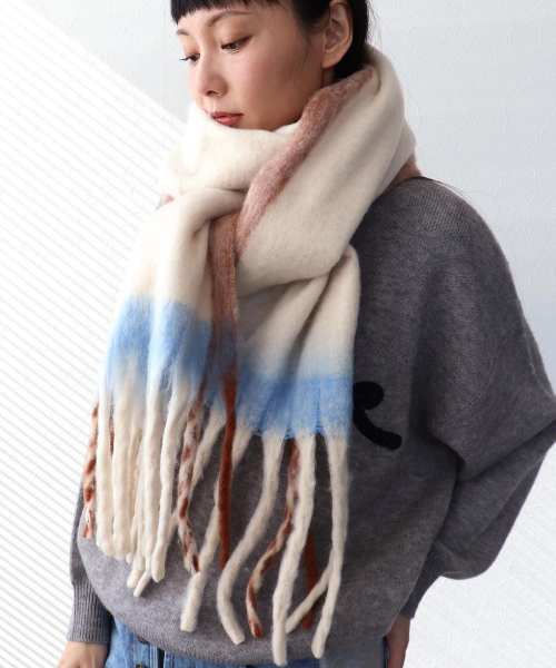 【大人可愛い】フレーム配色フリンジマフラー